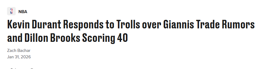 键盘侠KD上线！杜兰特回应字母哥流言 用生涯总分回击狄龙轰40分